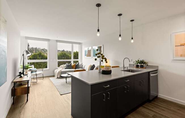 A modern kitchen with a large island and a view of the outdoors.