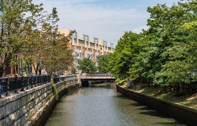 A canal with a bridge in the middle and trees on both sides, Park Row West in background.