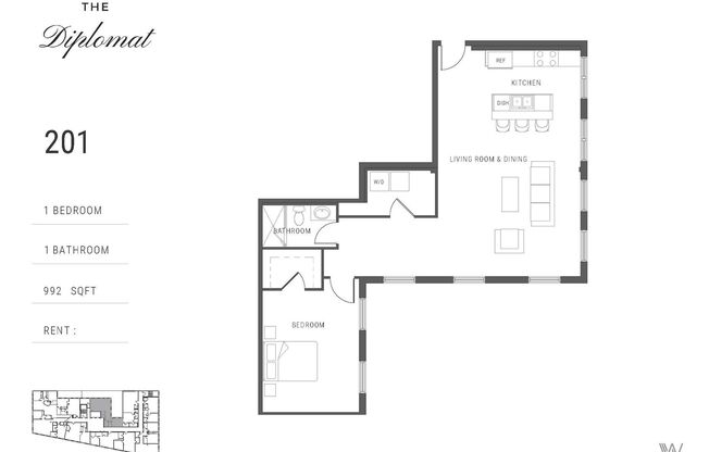 1 bed, 1 bath, 992 sqft, $1,560, Unit 201