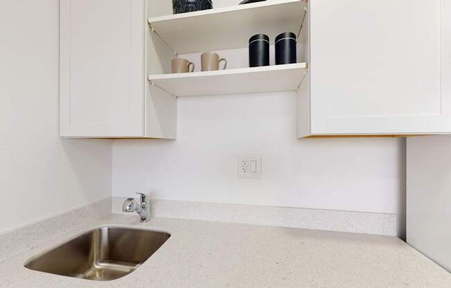 A kitchen with a sink and a cabinet above it.