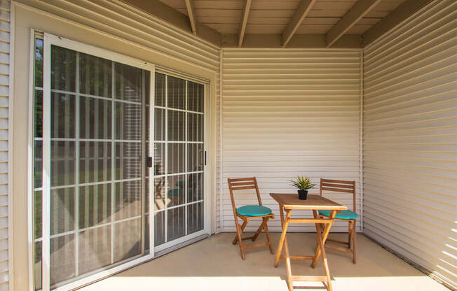 This is a photo of the patio of the 1100 square foot 2 bedroom Kettering floor plan at Washington Park Apartments in Centerville, OH.