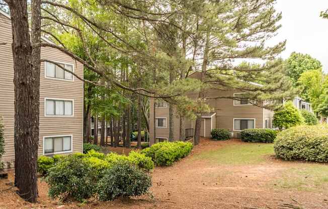A residential area with houses and trees.