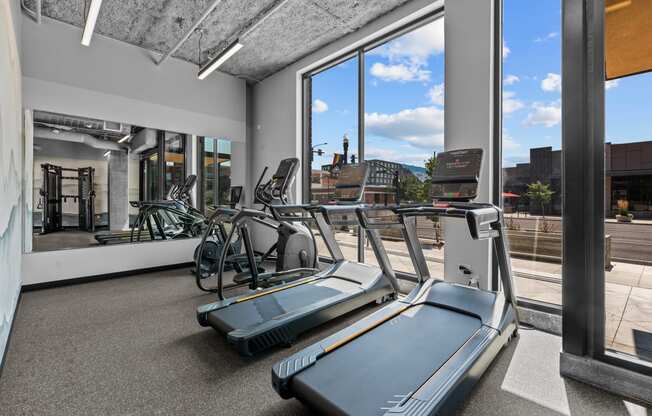 the gym is equipped with treadmills and weights with a view of the city