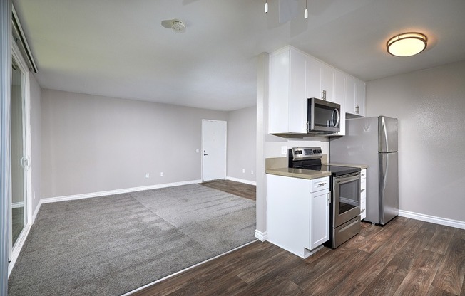 Two bedroom living, dining and kitchen