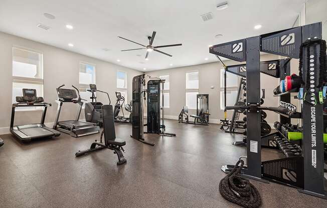 Community Fitness Center with Equipment at Alta 3Eighty Apartments located in Aubrey, TX.