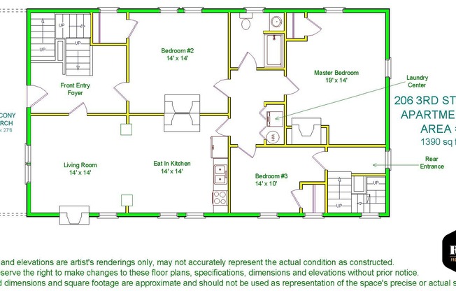 3 beds, 1 bath, 1,390 sqft, $995, Unit 206 B Third