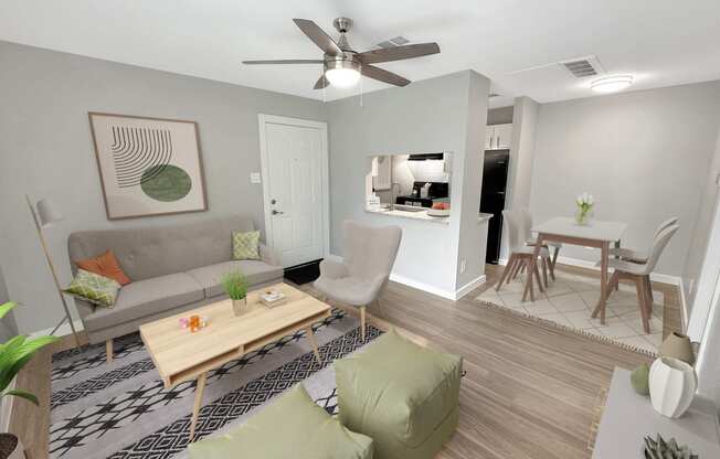 a living room with gray walls and a wooden floor