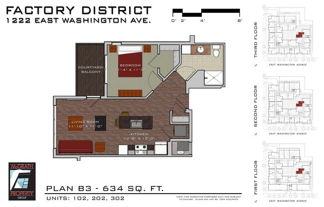 1 bed, 1 bath, 634 sqft, $1,775, Unit 302