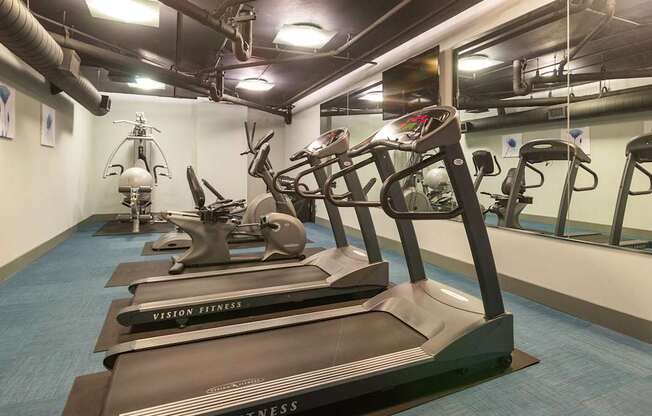 A gym with treadmills and elliptical machines.