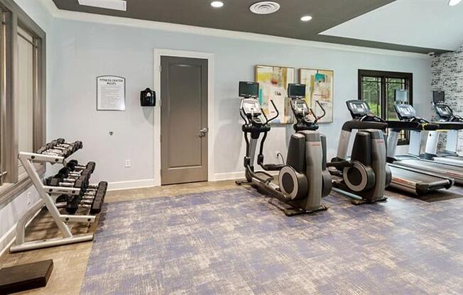 a gym with treadmills and other exercise equipment at Trails at Short Pump Apartments, Richmond, VA, 23233