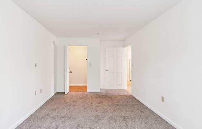 A room with a carpeted floor and two doors.