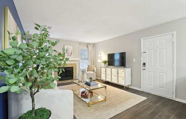 A living room with a fireplace, a tree, and a TV.
