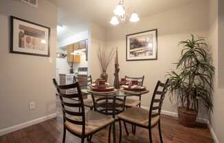 a dining room with a table and chairs and a potted plant