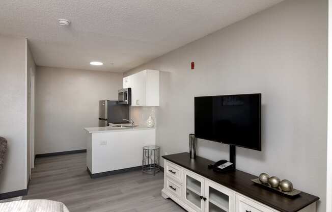 a living room with a tv and a kitchen