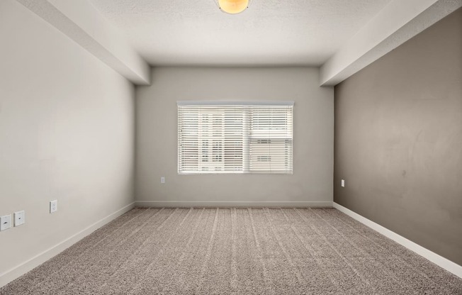 an empty room with a large window and a carpeted floor