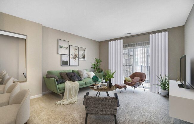 the living room of an apartment with a green couch and chairs