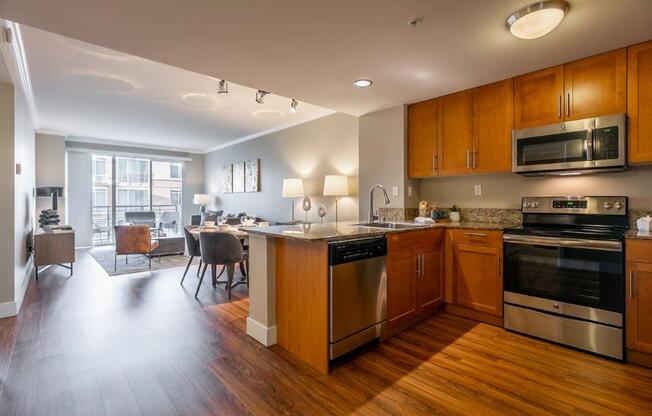 The Mercer Apartment view from entry of kitchen and living room space