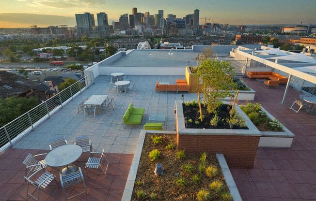a view of a city skyline from a rooftop garden