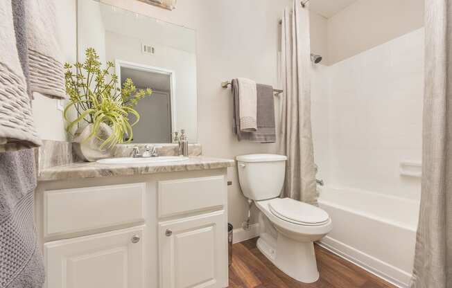 a bathroom with a toilet and a shower and a sink at Lodge of Overland Park Apartments, Overland Park , KS 66212