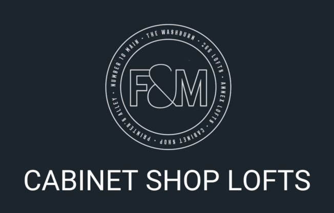 a logo with the words cabinet shop lofts on a black background