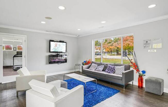 A living room with a grey couch and a white chair.