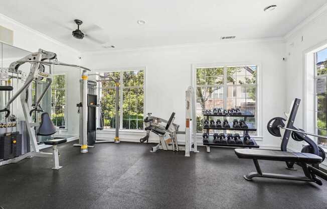 A spacious gym with a variety of equipment.
