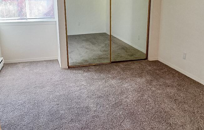 A room with a carpeted floor and a sliding glass door.