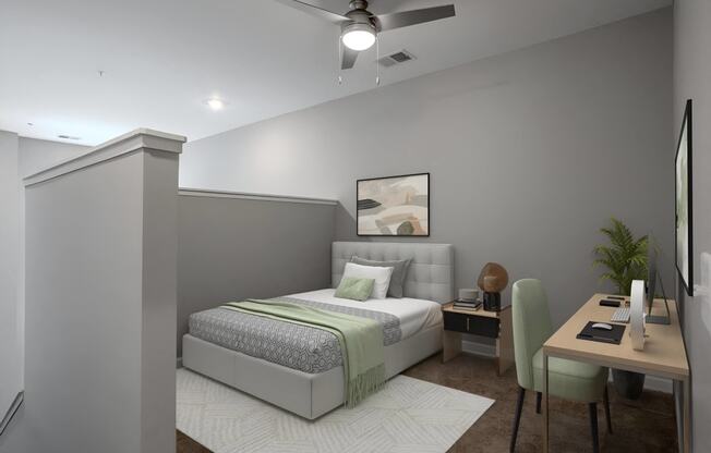 a bedroom with a bed and a desk and a ceiling fan