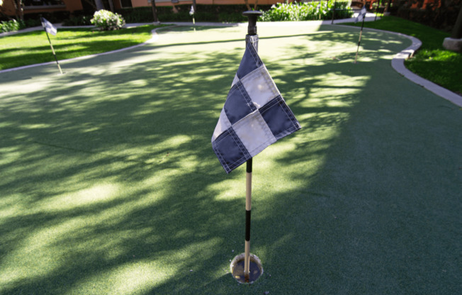 A blue and white checkered flag on a pole in the middle of a green lawn.,A blue and white checkered flag on a pole in the middle of a green lawn.