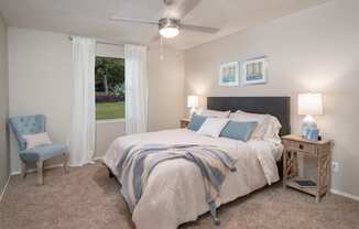 bedroom with blue and grey comforter set