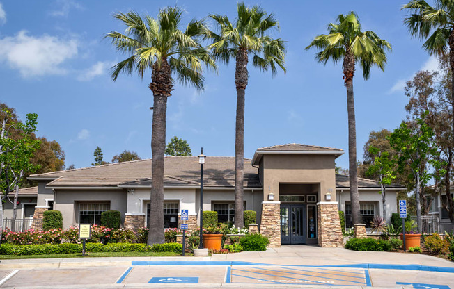 a house with three palm trees in front of it