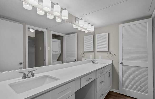 a bathroom with a large sink and a mirror