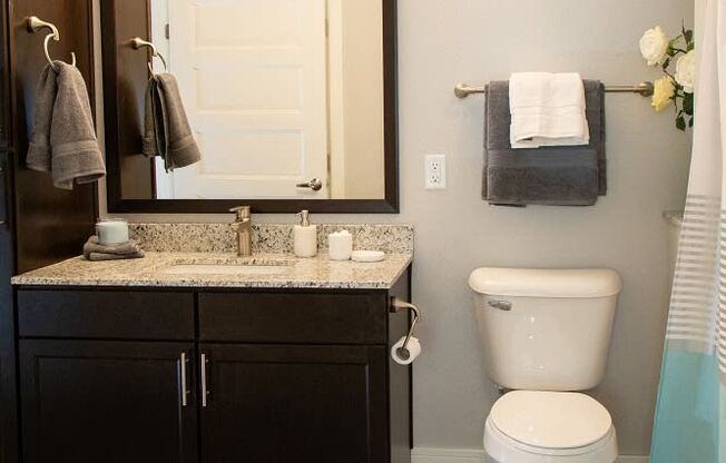 A bathroom with a white toilet and a mirror above a sink.