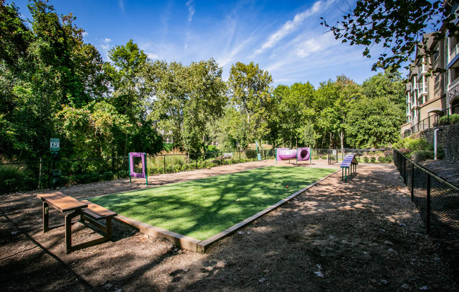 a backyard with a grass court and a playground and trees