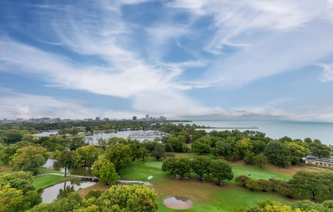 a park with a lake and a city in the background