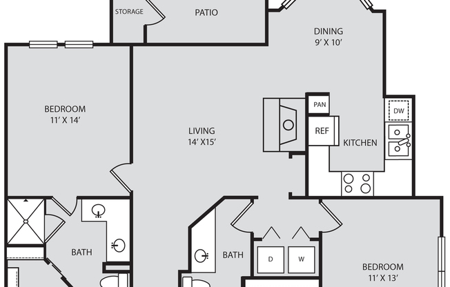 2 beds, 2 baths, 1,119 sqft, $1,532