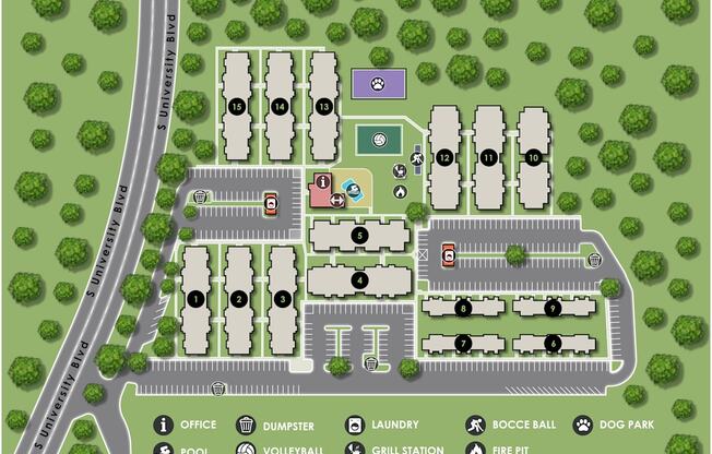 A map of a park with a pool, volleyball court, and grill station.