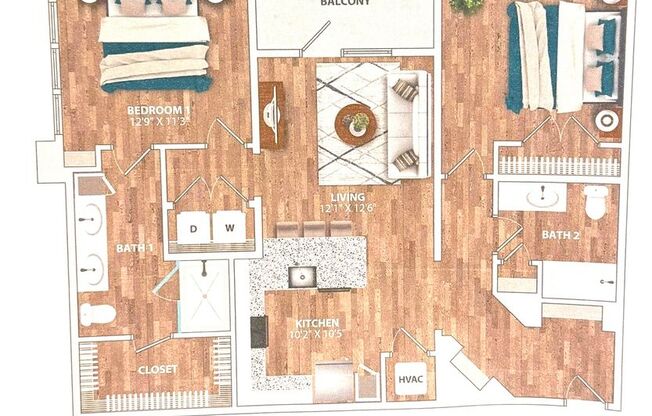 2 beds, 2 baths, 1,113 sqft, $1,525, Unit 1-204