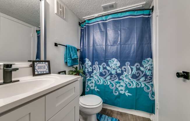 a bathroom with a blue shower curtain and a white sink and toilet