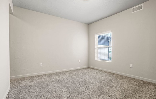 an empty room with a window and carpet