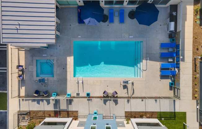arial view of the pool and poolside patio at Loma Villas Apartments, San Bernardino