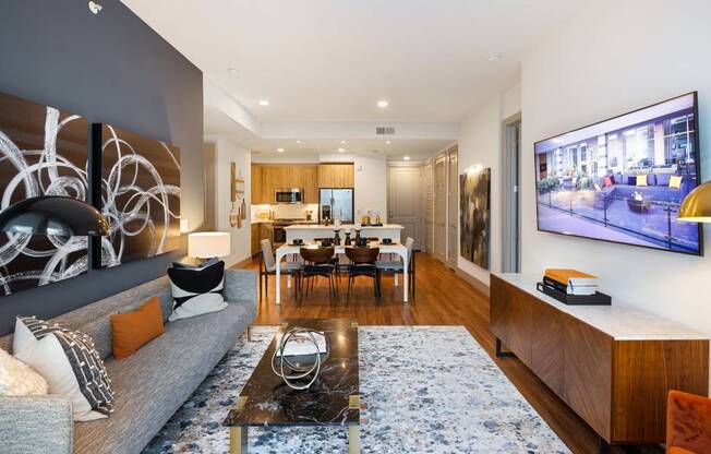 a living room with a couch and a table