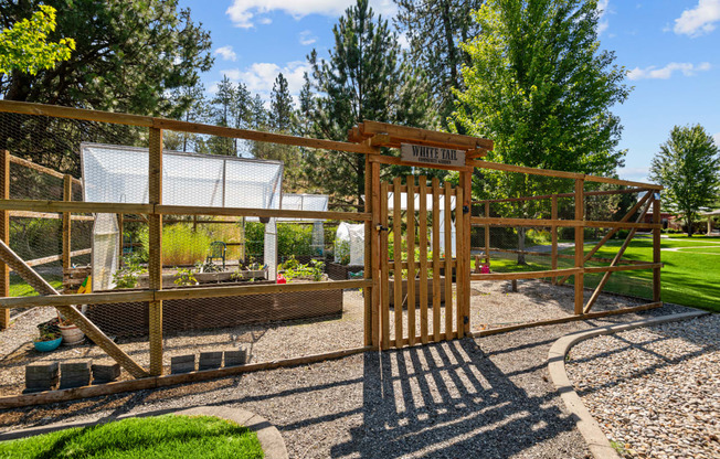 a backyard with a playground and a wooden gate