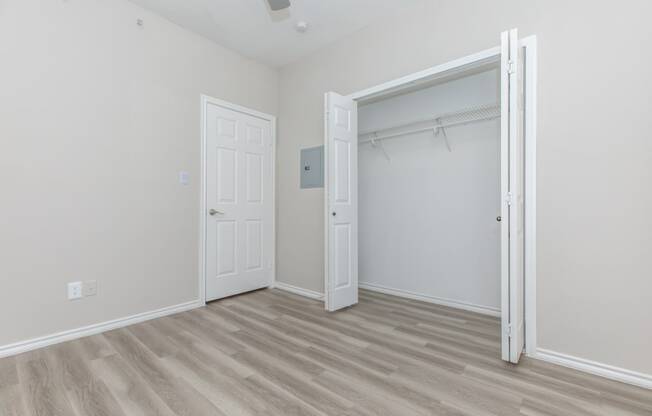a bedroom with a closet and an open door