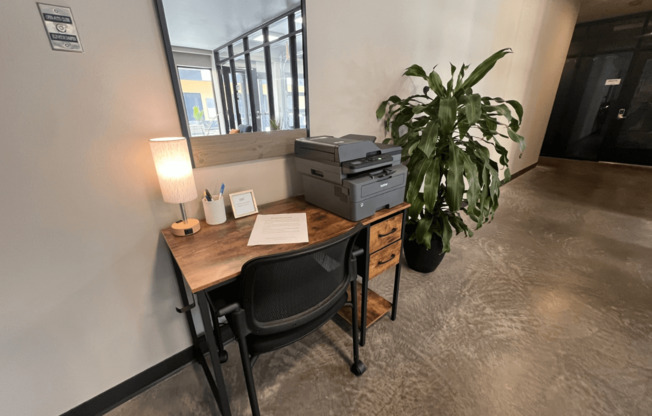 a desk with a plant and a chair in a room