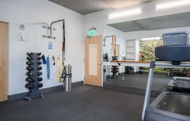 a gym with a treadmill and weights on the wall