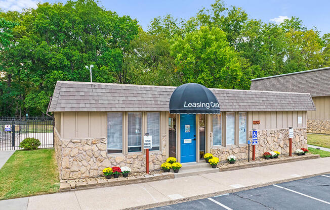 the leasing office is located in the parking lot of the leasing bay building