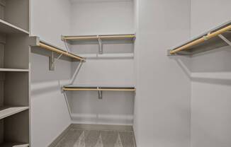 A white walk in closet with shelves and a carpeted floor.