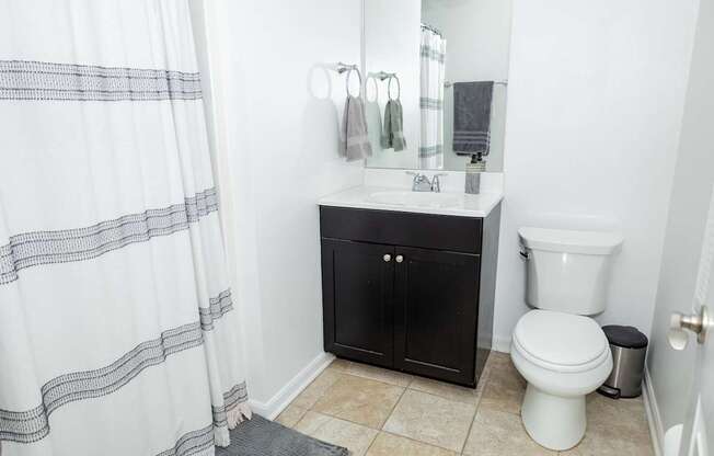 A bathroom with a white toilet and a black cabinet.