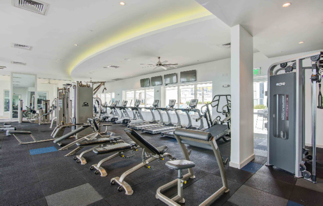 Gym at our apartments in Miami, FL, featuring rows of treadmills, spin bikes, and exercise equipment.